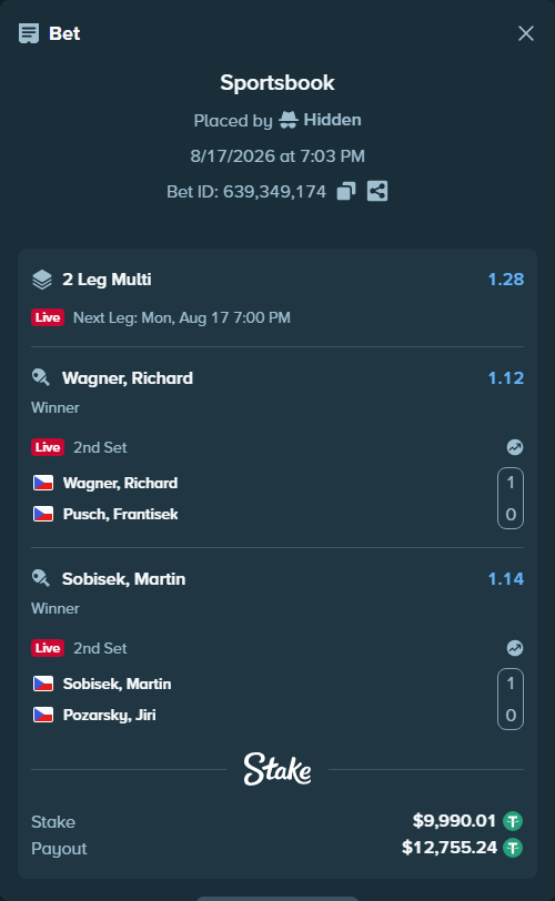 Bet slip: Wagner, Richard - Pusch, Frantisek, $10,000.00 stake at 1.12 odds, placed by Hidden