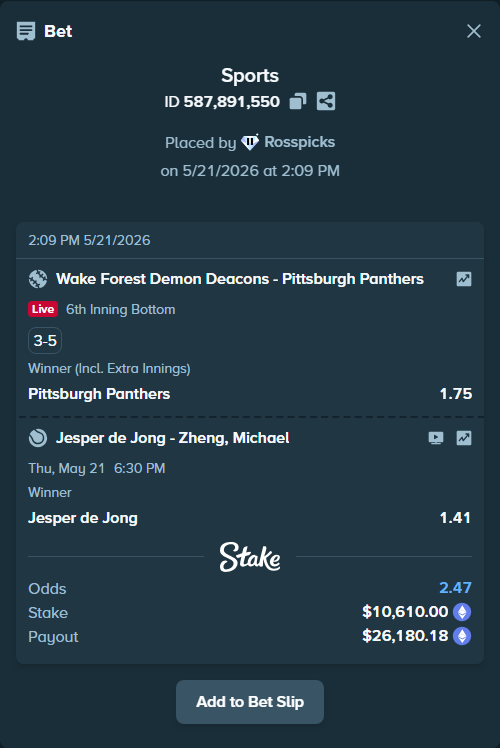 Bet slip: Wake Forest Demon Deacons - Pittsburgh Panthers, $8,582.29 stake at 1.75 odds, placed by Rosspicks