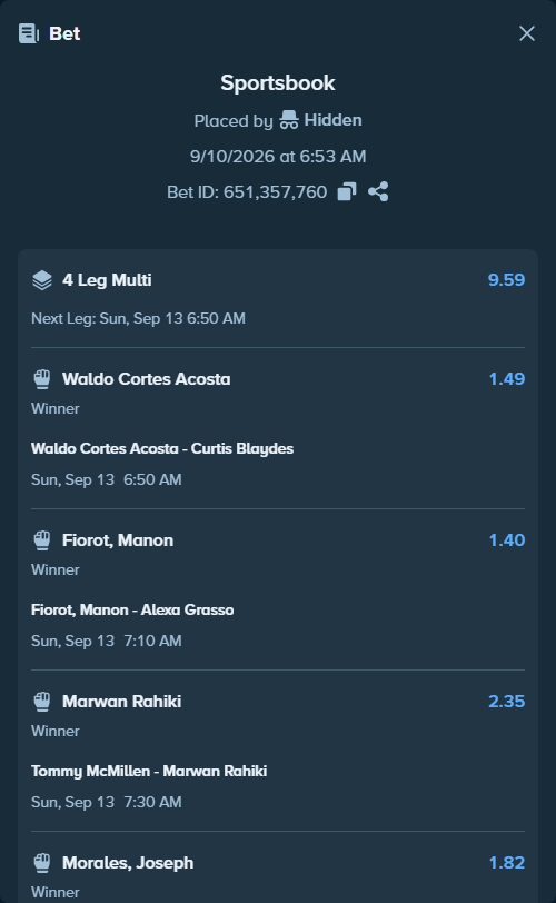 Bet slip: Waldo Cortes Acosta - Curtis Blaydes, $10,000.00 stake at 1.49 odds, placed by Hidden