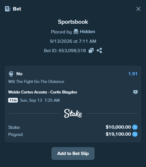 Bet slip: Waldo Cortes Acosta - Curtis Blaydes, $10,000.00 stake at 1.91 odds, placed by Hidden
