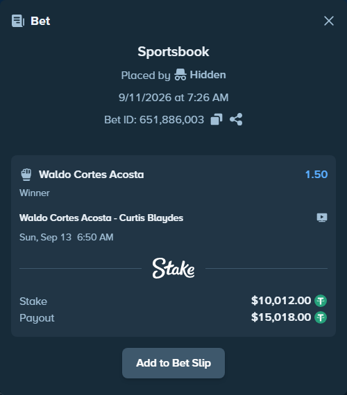 Bet slip: Waldo Cortes Acosta - Curtis Blaydes, $10,010.00 stake at 1.50 odds, placed by Hidden