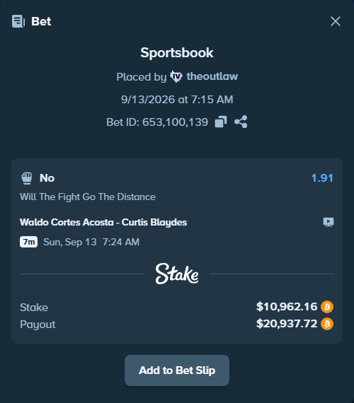 Bet slip: Waldo Cortes Acosta - Curtis Blaydes, $10,975.73 stake at 1.91 odds, placed by theoutlaw