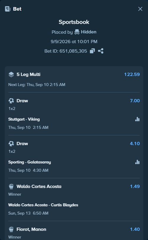 Bet slip: Waldo Cortes Acosta - Curtis Blaydes, $35,000.00 stake at 1.49 odds, placed by Hidden