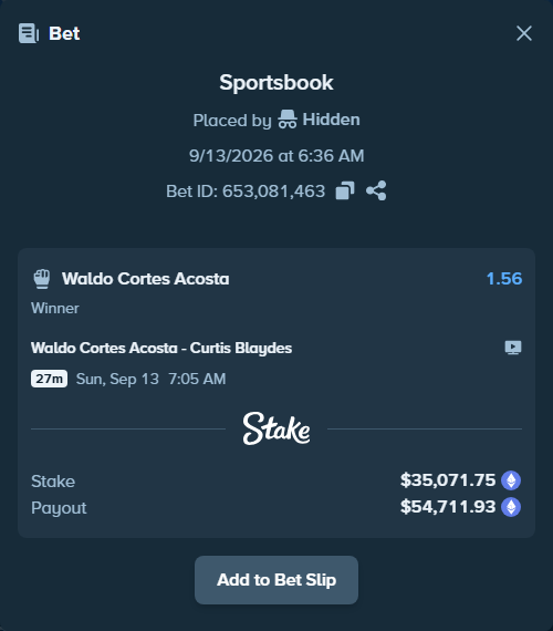 Bet slip: Waldo Cortes Acosta - Curtis Blaydes, $35,086.27 stake at 1.56 odds, placed by Hidden