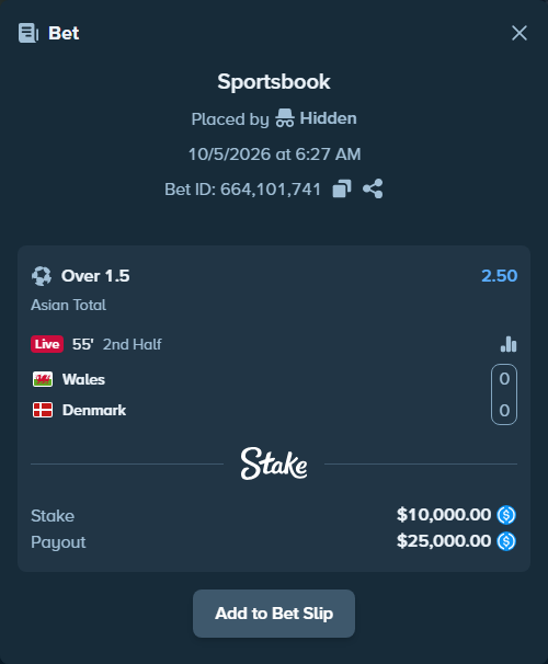 Bet slip: Wales - Denmark, $10,000.00 stake at 2.50 odds, placed by Hidden