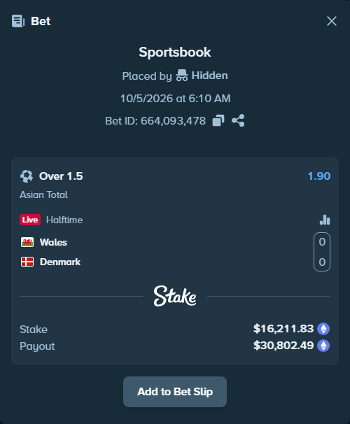 Bet slip: Wales - Denmark, $16,241.82 stake at 1.90 odds, placed by dec0der