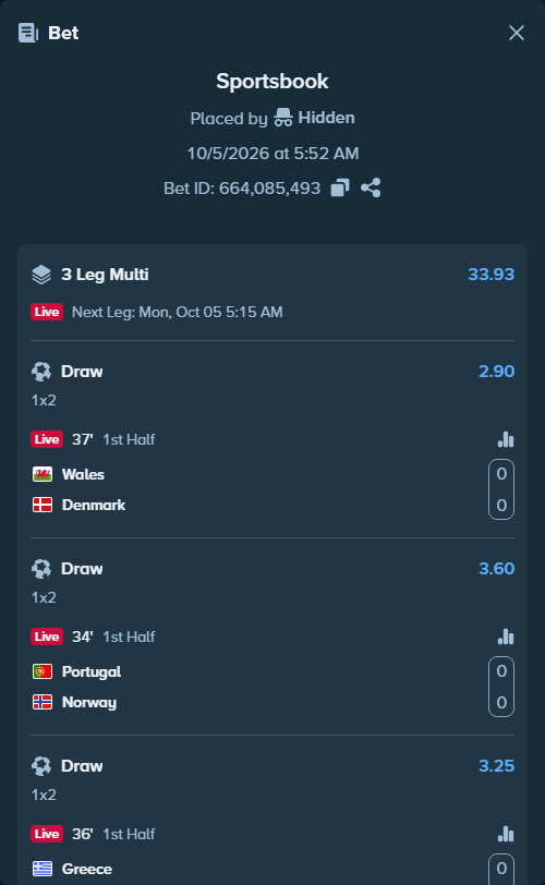 Bet slip: Wales - Denmark, $50,000.00 stake at 2.90 odds, placed by Hidden