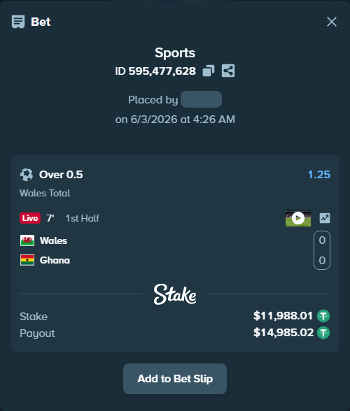 Bet slip: Wales - Ghana, $12,000.00 stake at 1.25 odds, placed by Jackpoor