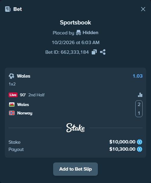Bet slip: Wales - Norway, $10,000.00 stake at 1.03 odds, placed by olavandr