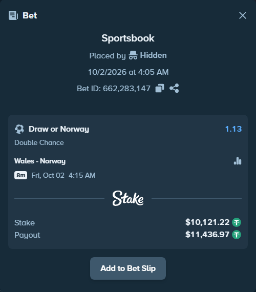 Bet slip: Wales - Norway, $10,121.22 stake at 1.13 odds, placed by uekt