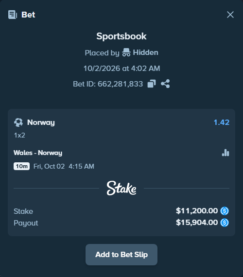 Bet slip: Wales - Norway, $11,200.00 stake at 1.42 odds, placed by Storestorm