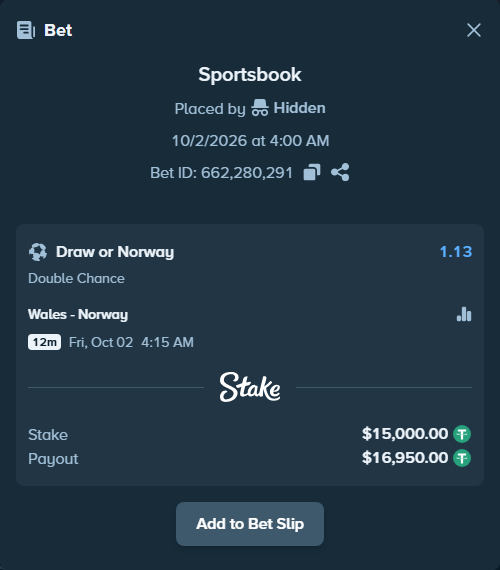 Bet slip: Wales - Norway, $15,000.00 stake at 1.13 odds, placed by joarug