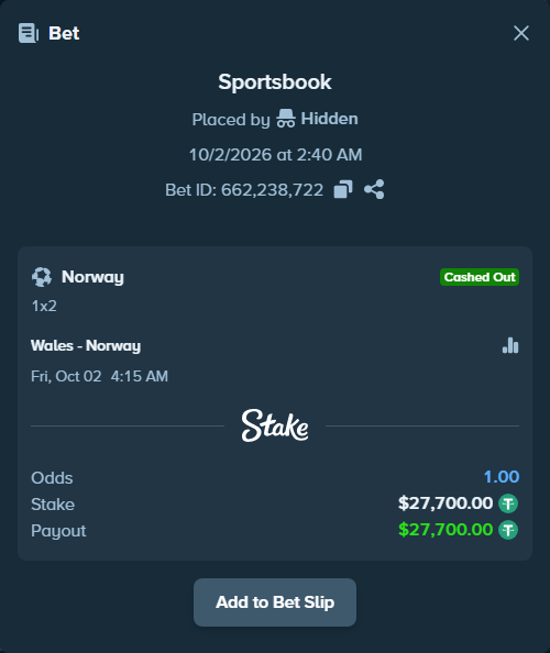 Bet slip: Wales - Norway, $27,700.00 stake at 1.45 odds, placed by carissagu2