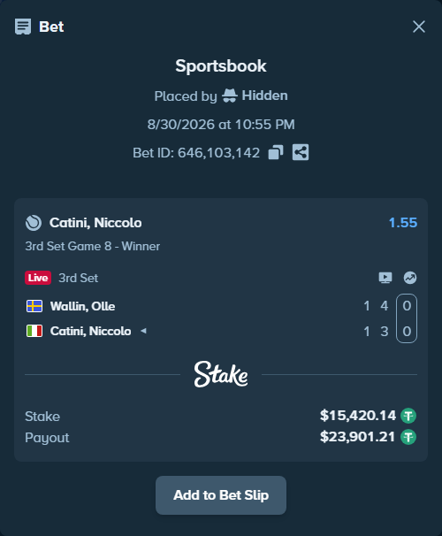 Bet slip: Wallin, Olle - Catini, Niccolo, $15,420.14 stake at 1.55 odds, placed by Hidden