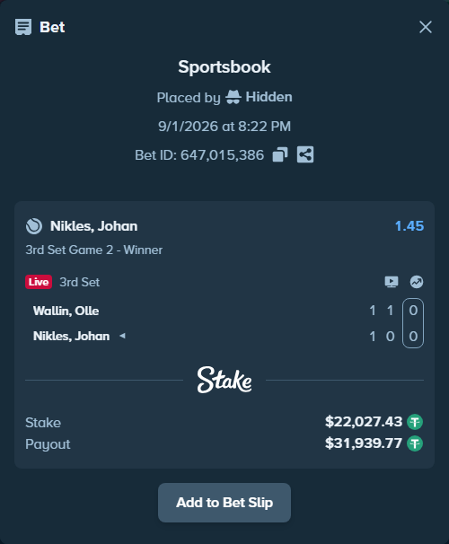 Bet slip: Wallin, Olle - Nikles, Johan, $22,027.43 stake at 1.45 odds, placed by Hidden