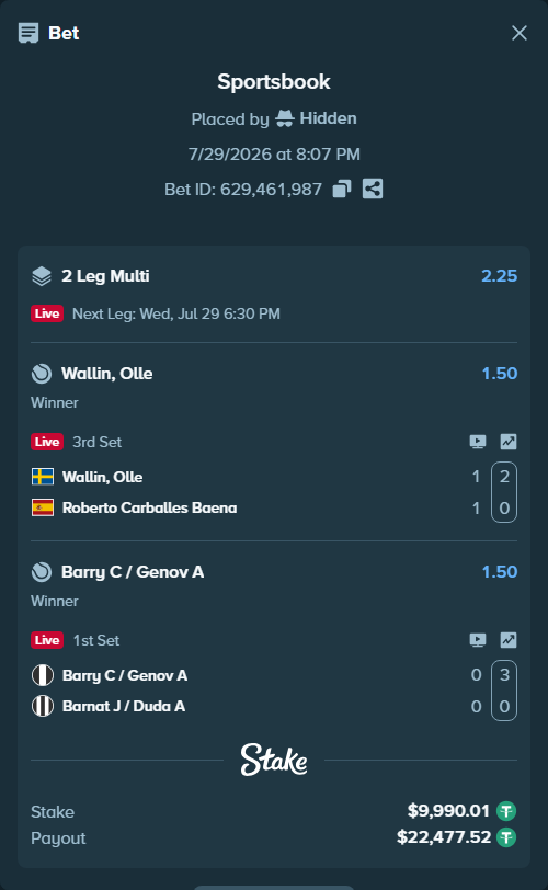 Bet slip: Wallin, Olle - Roberto Carballes Baena, $10,000.00 stake at 1.50 odds, placed by Hidden