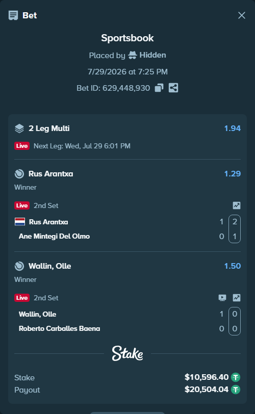 Bet slip: Wallin, Olle - Roberto Carballes Baena, $10,607.00 stake at 1.50 odds, placed by Hidden