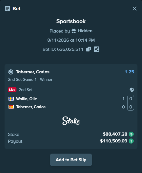 Bet slip: Wallin, Olle - Taberner, Carlos, $88,495.68 stake at 1.25 odds, placed by Hidden
