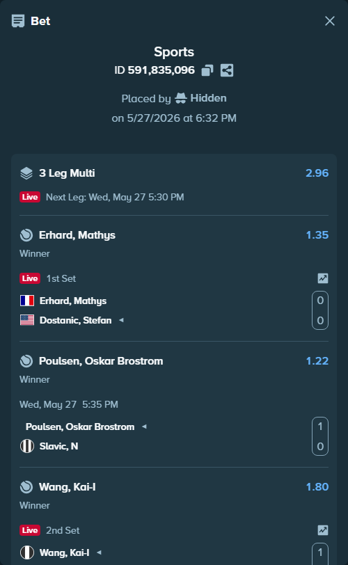 Bet slip: Wang, Kai-I - Imai, Shintaro, $15,000.00 stake at 1.80 odds, placed by Hidden