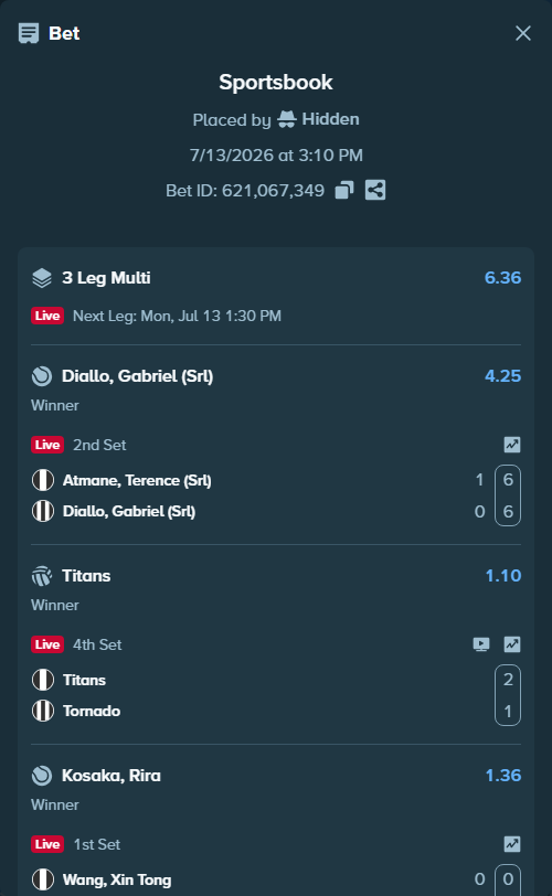 Bet slip: Wang, Xin Tong - Kosaka, Rira, $25,000.00 stake at 1.36 odds, placed by Hidden
