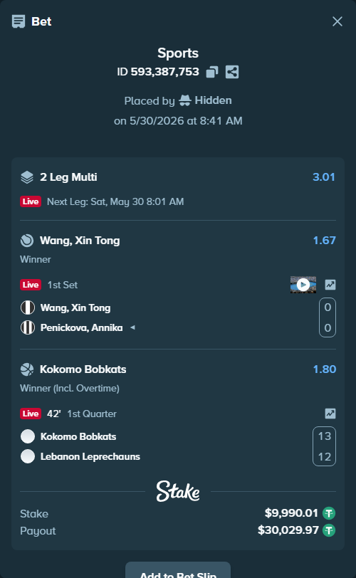 Bet slip: Wang, Xin Tong - Penickova, Annika, $10,000.00 stake at 1.67 odds, placed by Hidden