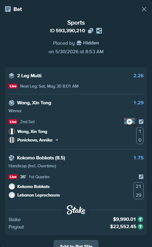 Bet slip: Wang, Xin Tong - Penickova, Annika, $10,000.00 stake at 1.29 odds, placed by Hidden