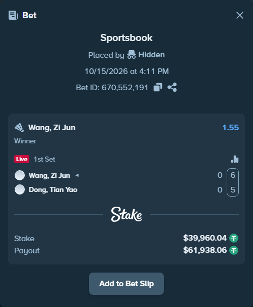 Bet slip: Wang, Zi Jun - Dong, Tian Yao, $40,000.00 stake at 1.55 odds, placed by Hidden
