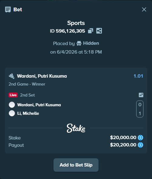 Bet slip: Wardani, Putri Kusuma - Li, Michelle, $20,000.00 stake at 1.01 odds, placed by Hidden