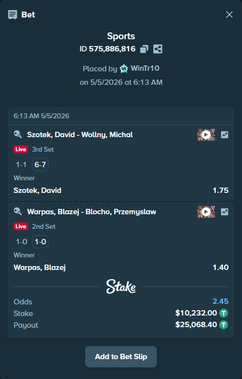 Bet slip: Warpas, Blazej - Blocho, Przemyslaw, $10,232.00 stake at 1.40 odds, placed by WinTr10