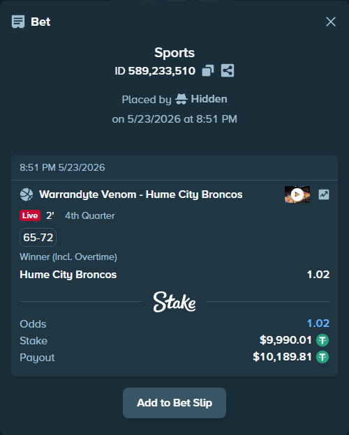 Bet slip: Warrandyte Venom - Hume City Broncos, $10,000.00 stake at 1.02 odds, placed by Hidden