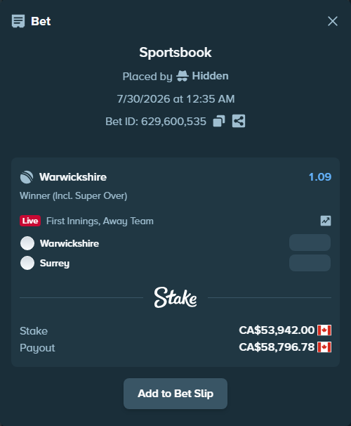 Bet slip: Warwickshire - Surrey, $39,917.08 stake at 1.09 odds, placed by Hidden