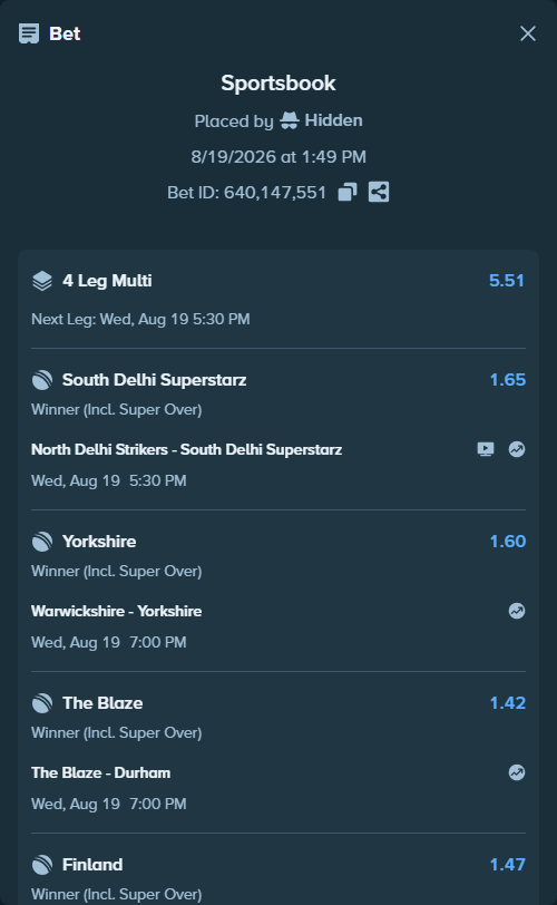 Bet slip: Warwickshire - Yorkshire, $10,465.07 stake at 1.60 odds, placed by Hidden