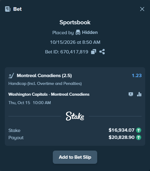 Bet slip: Washington Capitals - Montreal Canadiens, $16,951.00 stake at 1.23 odds, placed by unhingedking