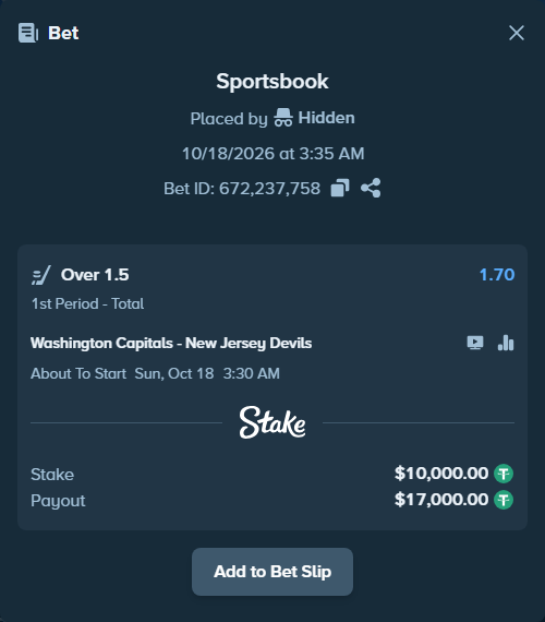 Bet slip: Washington Capitals - New Jersey Devils, $10,010.00 stake at 1.70 odds, placed by Davidbushel1