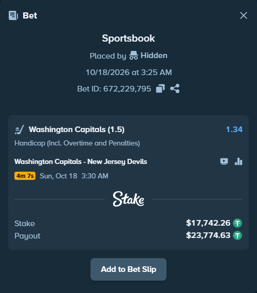 Bet slip: Washington Capitals - New Jersey Devils, $17,760.00 stake at 1.34 odds, placed by unhingedking