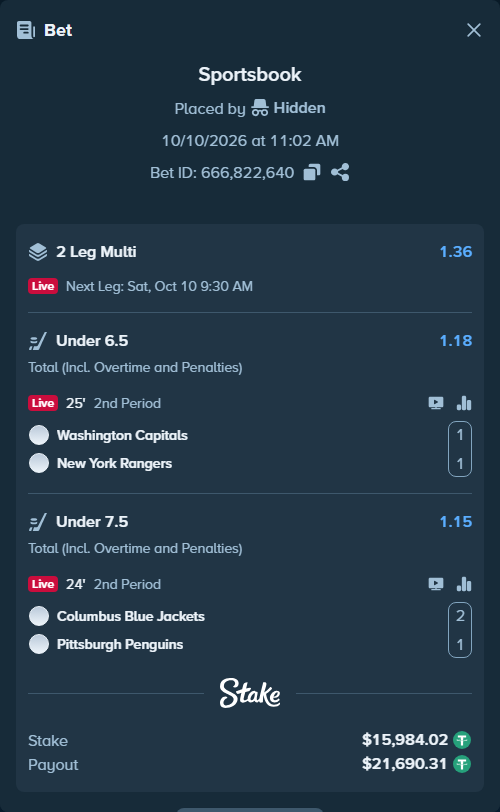 Bet slip: Washington Capitals - New York Rangers, $16,000.00 stake at 1.18 odds, placed by Chitico19