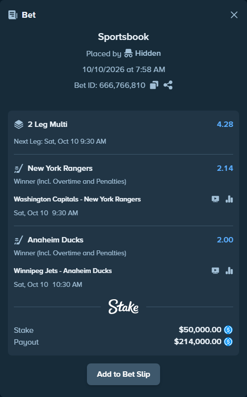 Bet slip: Washington Capitals - New York Rangers, $50,000.00 stake at 2.14 odds, placed by Hidden
