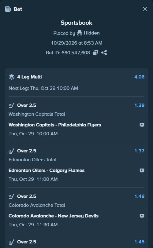 Bet slip: Washington Capitals - Philadelphia Flyers, $17,771.00 stake at 1.38 odds, placed by Hidden