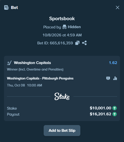 Bet slip: Washington Capitals - Pittsburgh Penguins, $10,000.00 stake at 1.62 odds, placed by TheEarlinGrey