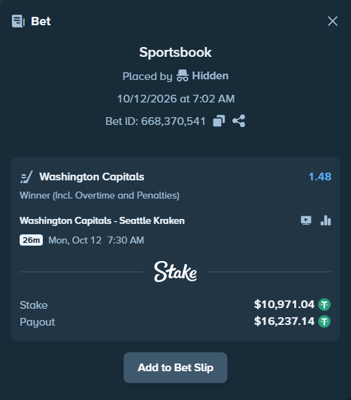 Bet slip: Washington Capitals - Seattle Kraken, $10,982.01 stake at 1.48 odds, placed by luckysevenfr