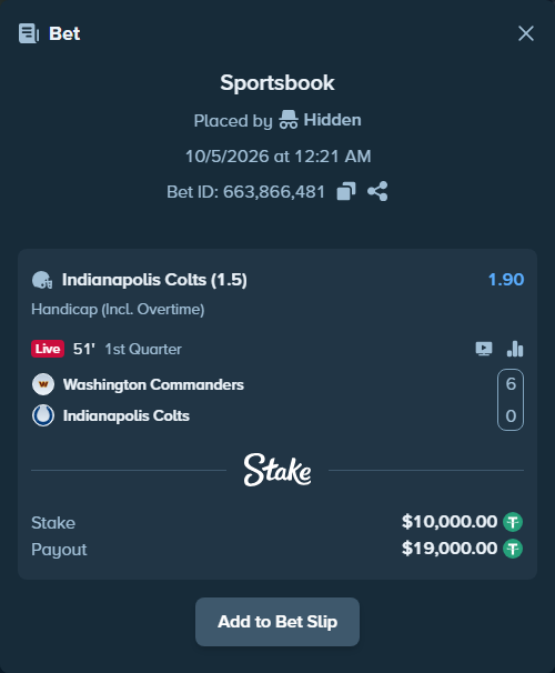 Bet slip: Washington Commanders - Indianapolis Colts, $10,000.00 stake at 1.90 odds, placed by jarosbet