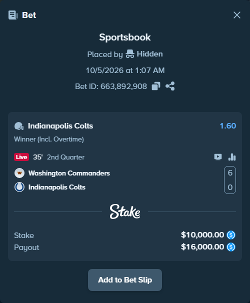Bet slip: Washington Commanders - Indianapolis Colts, $10,000.00 stake at 1.60 odds, placed by mathiasjuel