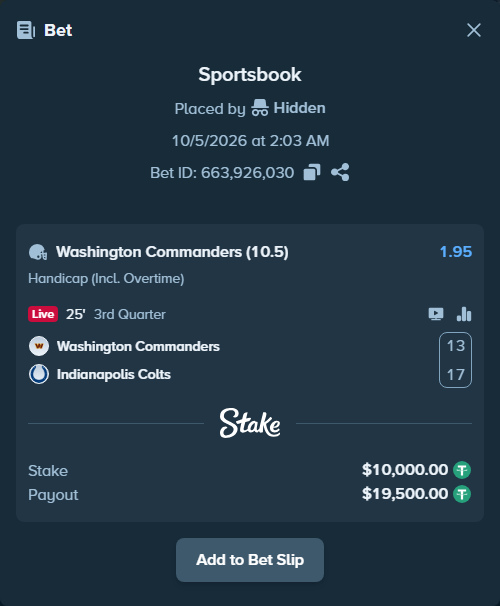 Bet slip: Washington Commanders - Indianapolis Colts, $10,000.00 stake at 1.95 odds, placed by Yakimakat