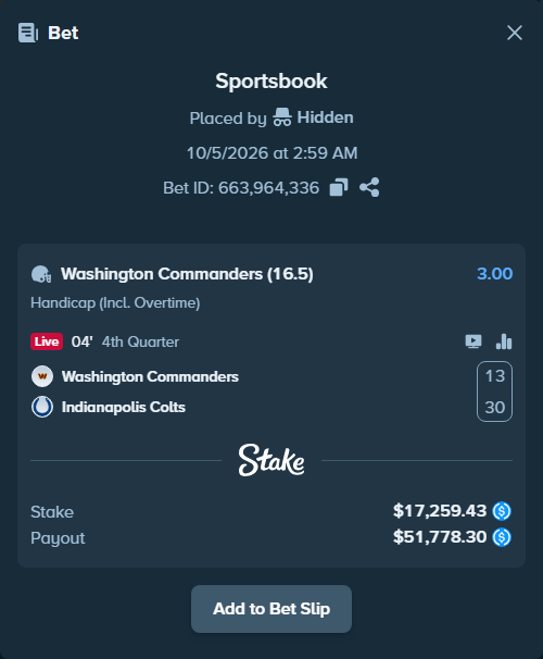 Bet slip: Washington Commanders - Indianapolis Colts, $17,259.43 stake at 3.00 odds, placed by Hidden