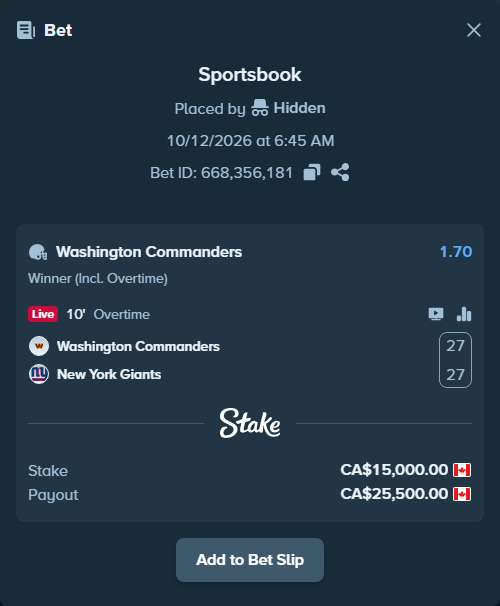 Bet slip: Washington Commanders - New York Giants, $11,100.00 stake at 1.70 odds, placed by Hidden