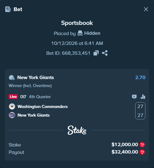 Bet slip: Washington Commanders - New York Giants, $11,990.77 stake at 2.70 odds, placed by Hidden