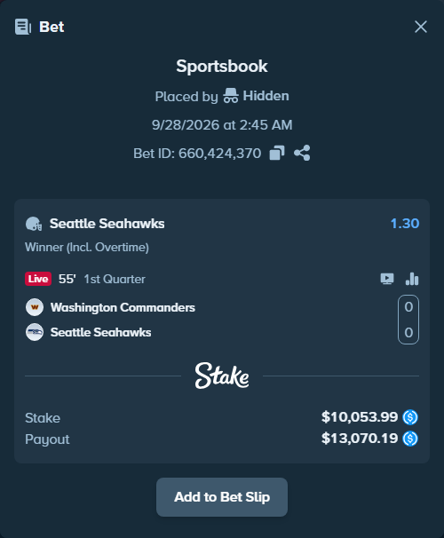 Bet slip: Washington Commanders - Seattle Seahawks, $10,053.99 stake at 1.30 odds, placed by Vicceforb