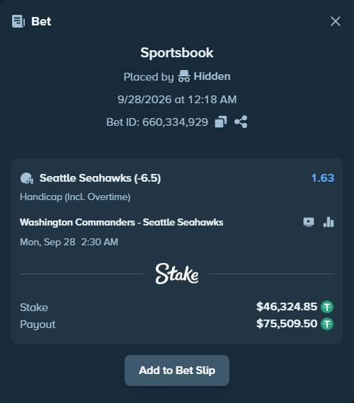 Bet slip: Washington Commanders - Seattle Seahawks, $46,324.85 stake at 1.63 odds, placed by dvento