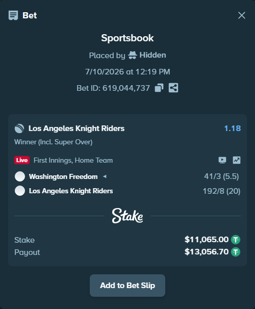 Bet slip: Washington Freedom - Los Angeles Knight Riders, $11,076.06 stake at 1.18 odds, placed by Hidden