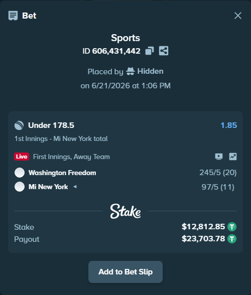 Bet slip: Washington Freedom - Mi New York, $12,825.67 stake at 1.85 odds, placed by Hidden